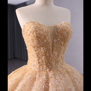 Champagne Gold Beaded Floral Lace Wedding Gown Quinceanera Dress