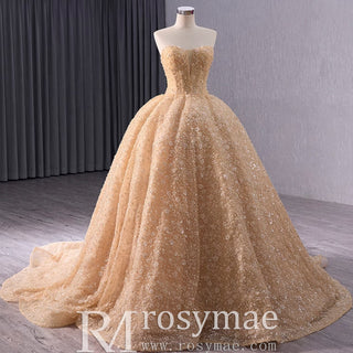 Champagne Gold Beaded Floral Lace Wedding Gown Quinceanera Dress