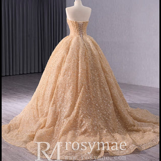 Champagne Gold Beaded Floral Lace Wedding Gown Quinceanera Dress