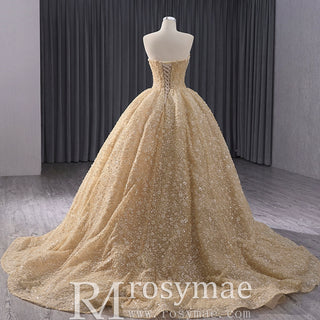 Champagne Gold Beaded Floral Lace Wedding Gown Quinceanera Dress