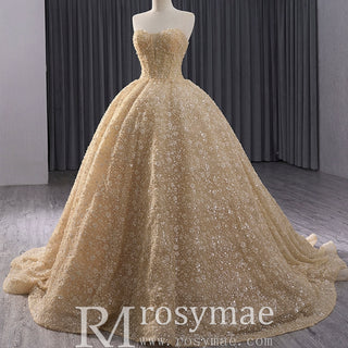 Champagne Gold Beaded Floral Lace Wedding Gown Quinceanera Dress