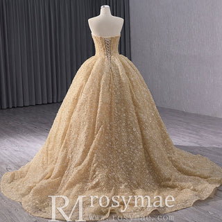 Champagne Gold Beaded Floral Lace Wedding Gown Quinceanera Dress