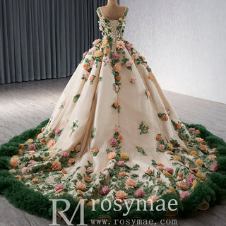 Champagne 3D Flower Colored Wedding Gown Ruffled Quinceanera Dress