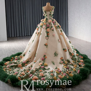 Champagne 3D Flower Colored Wedding Gown Ruffled Quinceanera Dress