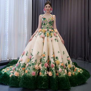 Champagne 3D Flower Colored Wedding Gown Ruffled Quinceanera Dress