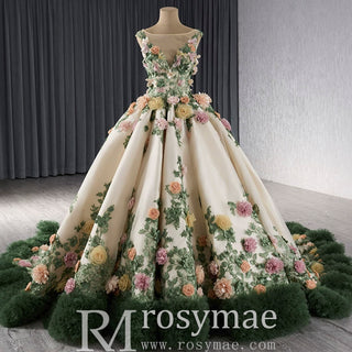 Champagne 3D Flower Colored Wedding Gown Ruffled Quinceanera Dress