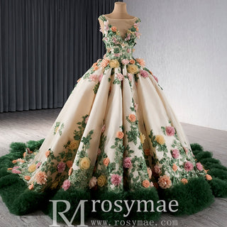 Champagne 3D Flower Colored Wedding Gown Ruffled Quinceanera Dress