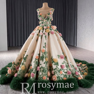 Champagne 3D Flower Colored Wedding Gown Ruffled Quinceanera Dress