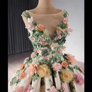 Champagne 3D Flower Colored Wedding Gown Ruffled Quinceanera Dress