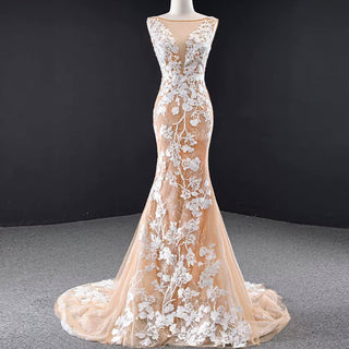 High-end Champagne Gold Mermaid Wedding Dress with Floral Lace