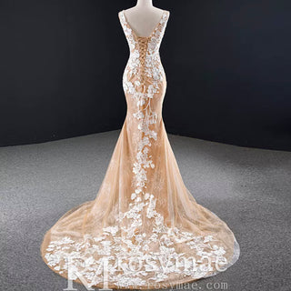 High-end Champagne Gold Mermaid Wedding Dress with Floral Lace