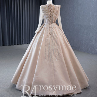 High O-neck Sparkly Beaded Formal Dress Prom Gown with Long Sleeve