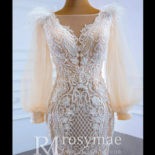 Illustion Neck Puffy Sleeved Mermaid Wedding Dress With Feather