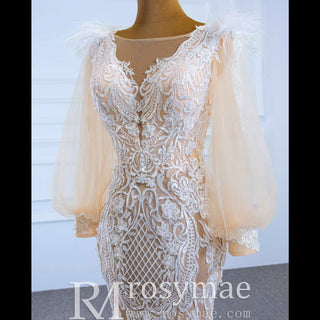 Illustion Neck Puffy Sleeved Mermaid Wedding Dress With Feather