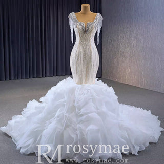 Tassel Sequins Beaded Trumpet Wedding Dress with Detachable Train