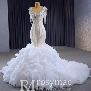 Tassel Sequins Beaded Trumpet Wedding Dress with Detachable Train