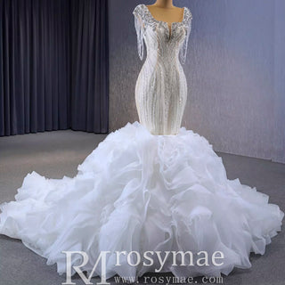 Tassel Sequins Beaded Trumpet Wedding Dress with Detachable Train