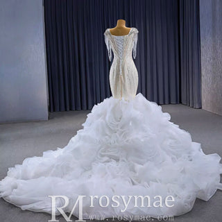 Tassel Sequins Beaded Trumpet Wedding Dress with Detachable Train