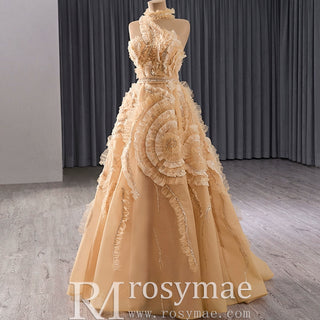 High-end Champagne Sequins Ruffle Formal Gown Prom Dress