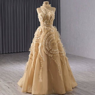 High-end Champagne Sequins Ruffle Formal Gown Prom Dress