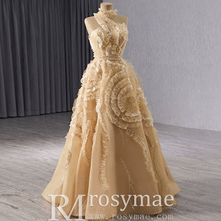 High-end Champagne Sequins Ruffle Formal Gown Prom Dress