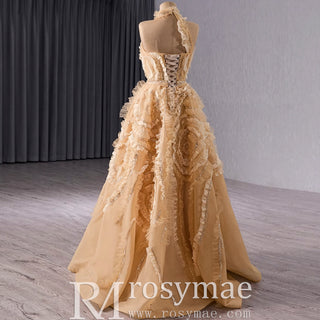 High-end Champagne Sequins Ruffle Formal Gown Prom Dress