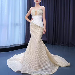 Gorgeous Champagne Pearl Lace Rhinestone Wedding Dress