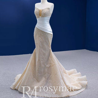 Gorgeous Champagne Pearl Lace Rhinestone Wedding Dress