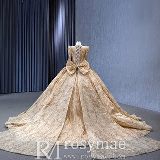 Luxury Long Sleeve Gold Ball Gown Puffy Skirt Big Wedding Dress with Bow