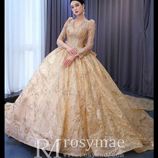 Luxury Long Sleeve Gold Ball Gown Puffy Skirt Big Wedding Dress with Bow