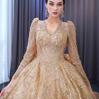 Luxury Long Sleeve Gold Ball Gown Puffy Skirt Big Wedding Dress with Bow