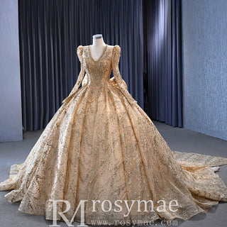 Luxury Long Sleeve Gold Ball Gown Puffy Skirt Big Wedding Dress with Bow