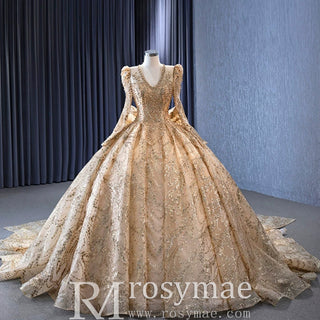 Luxury Long Sleeve Gold Ball Gown Puffy Skirt Big Wedding Dress with Bow