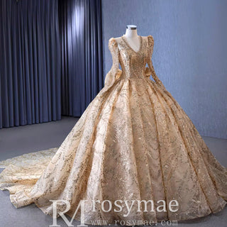 Luxury Long Sleeve Gold Ball Gown Puffy Skirt Big Wedding Dress with Bow