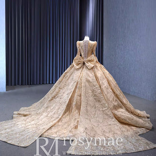 Luxury Long Sleeve Gold Ball Gown Puffy Skirt Big Wedding Dress with Bow