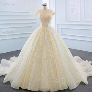 Champagne Off the Shoulder Ball Gown Wedding Dress