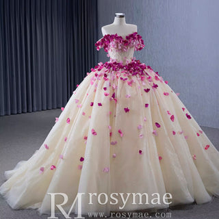 Fairy Champagne Ball Gown Prom Dress Off Shoulder Quinceanera Gown