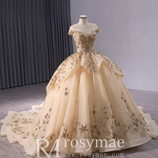 Gold Star Ruffle Wedding Dress with Cap Sleeve Quinceanera Gown