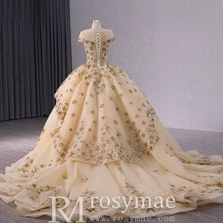 Gold Star Ruffle Wedding Dress with Cap Sleeve Quinceanera Gown