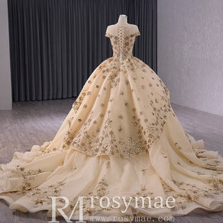 Gold Star Ruffle Wedding Dress with Cap Sleeve Quinceanera Gown