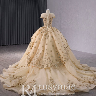 Gold Star Ruffle Wedding Dress with Cap Sleeve Quinceanera Gown