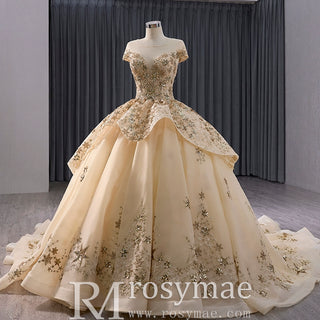 Gold Star Ruffle Wedding Dress with Cap Sleeve Quinceanera Gown