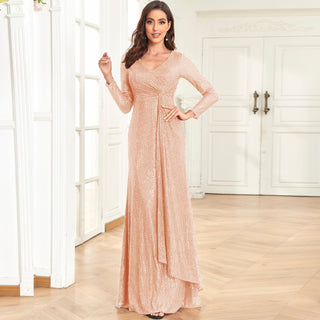 Long Sleeve V-Neck Fit Maxi Formal Gown Evening Dress For Women