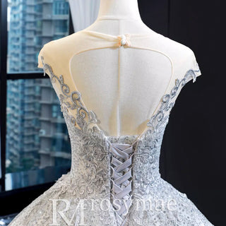 Puffy Skirt Sparkly Empire Waist Wedding Dress with Cap Sleeve