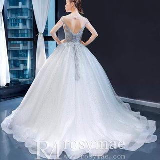 Puffy Skirt Sparkly Empire Waist Wedding Dress with Cap Sleeve