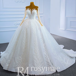 Long Sleeve Sparkly Lace Ball Gown Wedding Dress with High Back