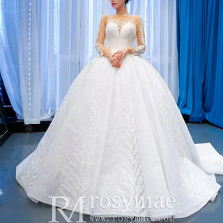 Long Sleeve Sparkly Lace Ball Gown Wedding Dress with High Back