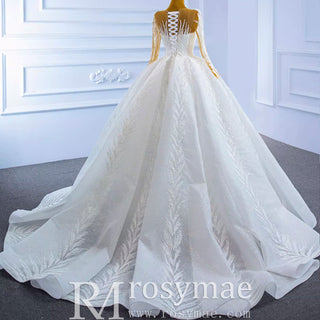 Long Sleeve Sparkly Lace Ball Gown Wedding Dress with High Back