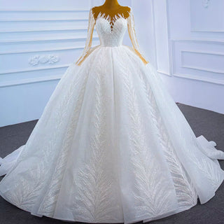 Long Sleeve Sparkly Lace Ball Gown Wedding Dress with High Back