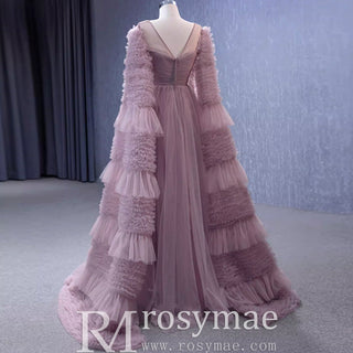 Ruffle Queen-ann Neckline Prom Dress Formal Gown with Cape Sleeve